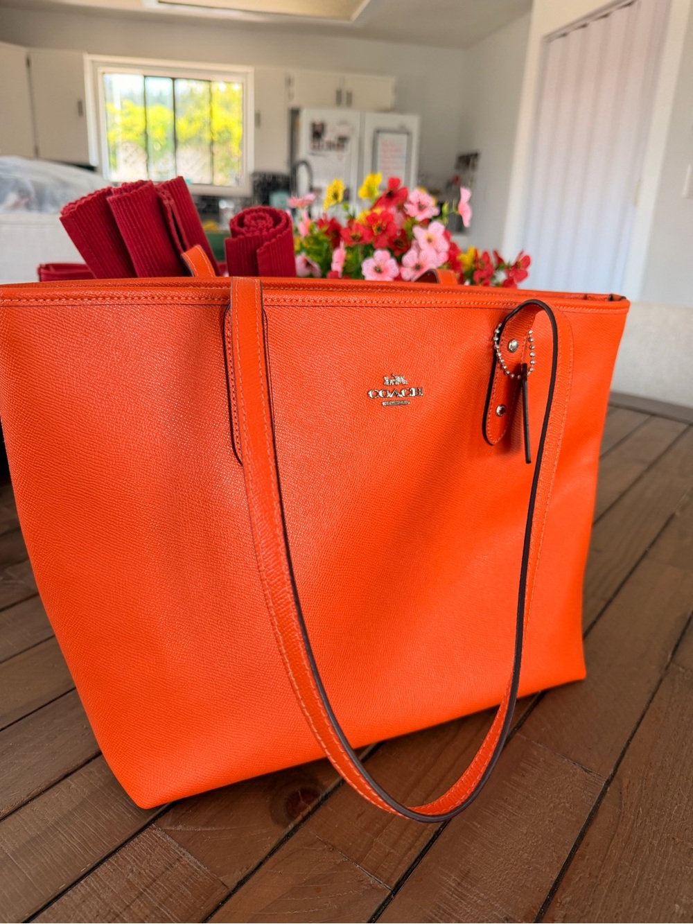 Coach Bright Orange Leather Tote with Slim Straps